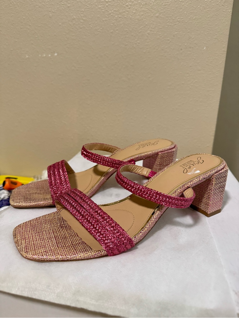 Jewel Badgley Mischka Pink Braided Strap Block Heel Sandals